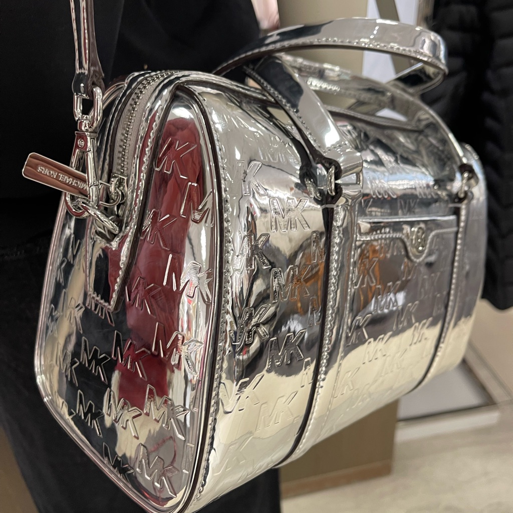 Michael Kors Jet Set Medium Patent Logo Debossed Duffel Crossbody Bag Silver